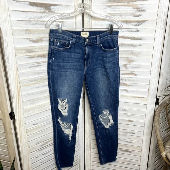 L'agence Women's Marcelle Slim Fit Jeans Authentique Distressed Denim Raw Hem 26 - Picture 3 of 16